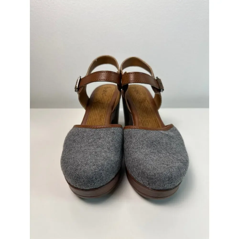 BOC Big on Comfort Grey Felt & Brown Ankle Strap Platform Clog Heels | Size 8